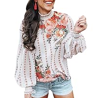 Women’s Chiffon Shirts Floral Print Lantern Long Sleeve Turtleneck Blouse Shirt