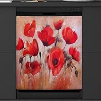Poppy Flowers Oil Painting Dishwasher Magnet Cover for The Front Dishwasher Door Cover Panel Decals Magnetic Refrigerator Cover for Kitchen Farmhouse Home Decor（23 X 26 in）