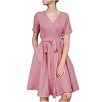 Women's Summer Cotton Linen Dresses with Pocket, 2023 Trendy Casual Dress Fashion Tie Waist Dresses Vacation Dress