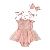 Girl Winter Jumpsuit Summer Girls Pure Color Suspenders Mesh Romper Jumpsuit Clothes Bow Headdress (Pink, 12-18 Months)