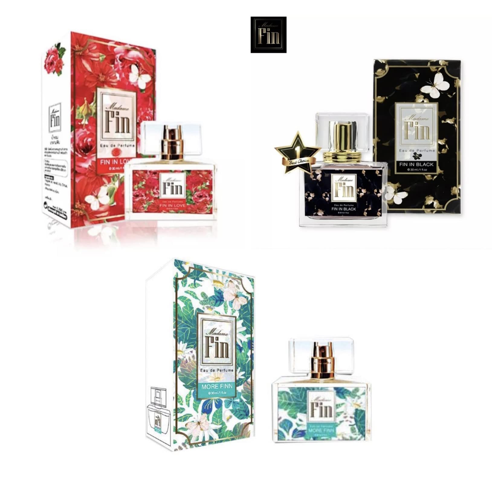 3pcs,Madame Fin Perfume Eau de Parfum Premium Quality Product 30 ml./60-90days (FIN IN BLACK+MORE FINN+FIN IN LOVE) By PNICE PERFECT