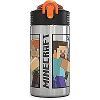 Zak Designs Minecraft - Stainless Steel Water Bottle with One Hand Operation Action Lid and Built-in Carrying Loop, with Straw Spout is Perfect for Kids (15.5 oz, 18/8, BPA-Free)