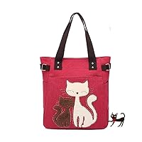 Valentoria Canvas Tote Handbag for Women Cute Cat Embroidery Shoulder Purse Large Zipper Travel Work Shopping Grocery Bags