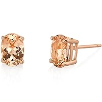 Peora Morganite Earrings for Women in 14 Karat Rose Gold, Classic Solitaire Studs, 7x5mm Oval Shape, 1.50 Carats total, Friction Back
