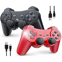 OKHAHA Controller for PS3 Controller Wireless for Sony Playstation 3 Controller, Double Shock 3, Rechargeable, Motion Sensor, Remote for PS3, 2 USB Charging Cords, 2 Pack, Black + Red