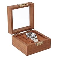 AHANDMAKER Single Watch Display Stand with Clear Glass Window Wood Watch Gift Box Watch Holder Jewelry Collection Jewelry Holder, Coconut Brown