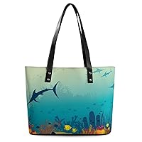 Womens Handbag Undersea Shark And Plants Leather Tote Bag Top Handle Satchel Bags For Lady