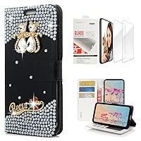 STENES Bling Wallet Phone Case Compatible with iPhone 15 Plus - Stylish - 3D Handmade Crystal Couple Cat Flower Magnetic Wallet Leather Cover with Screen Protector [2 Pack] - White