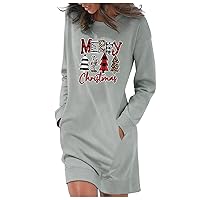 Women's Christmas Dresses Casual Solid Color Long Sleeve Round Neck Pocket Dress Merry Casual, S-2XL