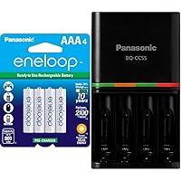 Eneloop Panasonic BK-4MCCA4BA AAA 2100 Cycle Ni-MH Pre-Charged Rechargeable Batteries, 4 & Panasonic BQ-CC55KSBHA Advanced pro Rechargeable Battery 4 Hour Quick Charger, Black