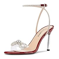 Castamere Womens Stiletto High Heel Open Toe Ankle Strap Rhinestone Crystal Bow-knot Sandals Prom Summer Clear 3.9 Inches Heels