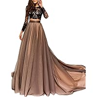 Womens Two Piece Long Sleeve Prom Dresses 2019 Lace Tulle Evening Formal Gown with Train