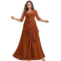 MAGGCIF Lace Mother of The Bride Dresses with Sleeves Chiffon Ruffle Beaded Long Evening Formal Wedding Guest Dress