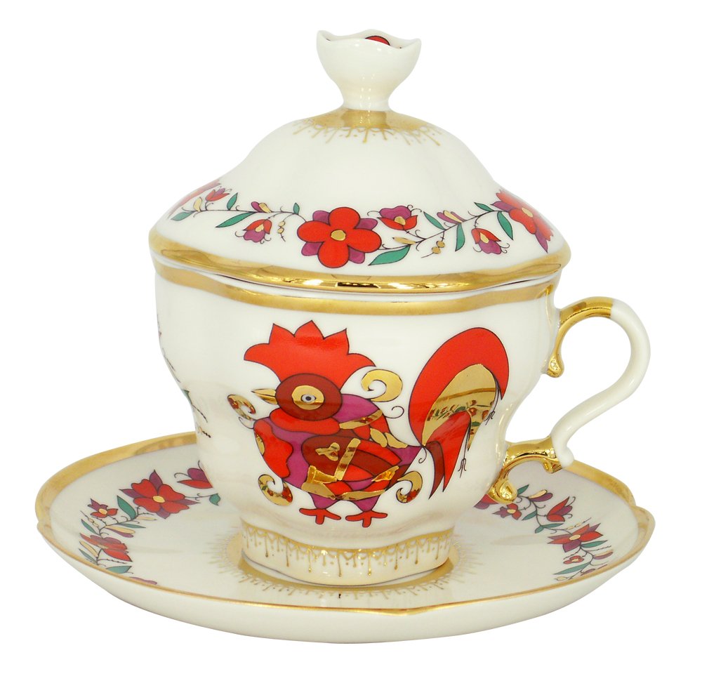 Lomonosov Porcelain Covered Cup Set Gift-2 Red Rooster 8.45 oz/250 ml