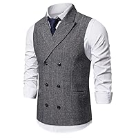 Herringbone Tweed Men Suit Vest,Double-Breasted Winter Warm Business Casual Waistcoat,for Wedding Dinner Party (Color : Gray, Size : Medium)