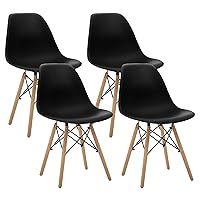 CangLong Modern Mid-Century Shell Lounge Plastic Natural Wooden Legs for Kitchen, Dining, Bedroom, Living Room Side Chairs, Set of 4, Black