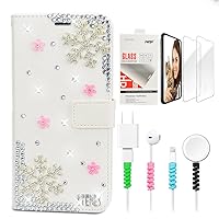 STENES Bling Wallet Luxury Phone Case Compatible with iPhone 15 Pro - Stylish - 3D Handmade Snow Flowers Floral Design Leather Cover with Screen Protector & Cable Protector - White