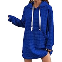 Women's Waffle Knit Hooded Dress Long Sleeve Drawstring Pullover Sweatshirts Dresses with Kangaroo Pocket