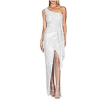 Women's Elegant Ruched Sequin Gowns Sexy One Shoulder Split Bodycon Maxi Formal Dress Glitter Sparkle Evening Dresses