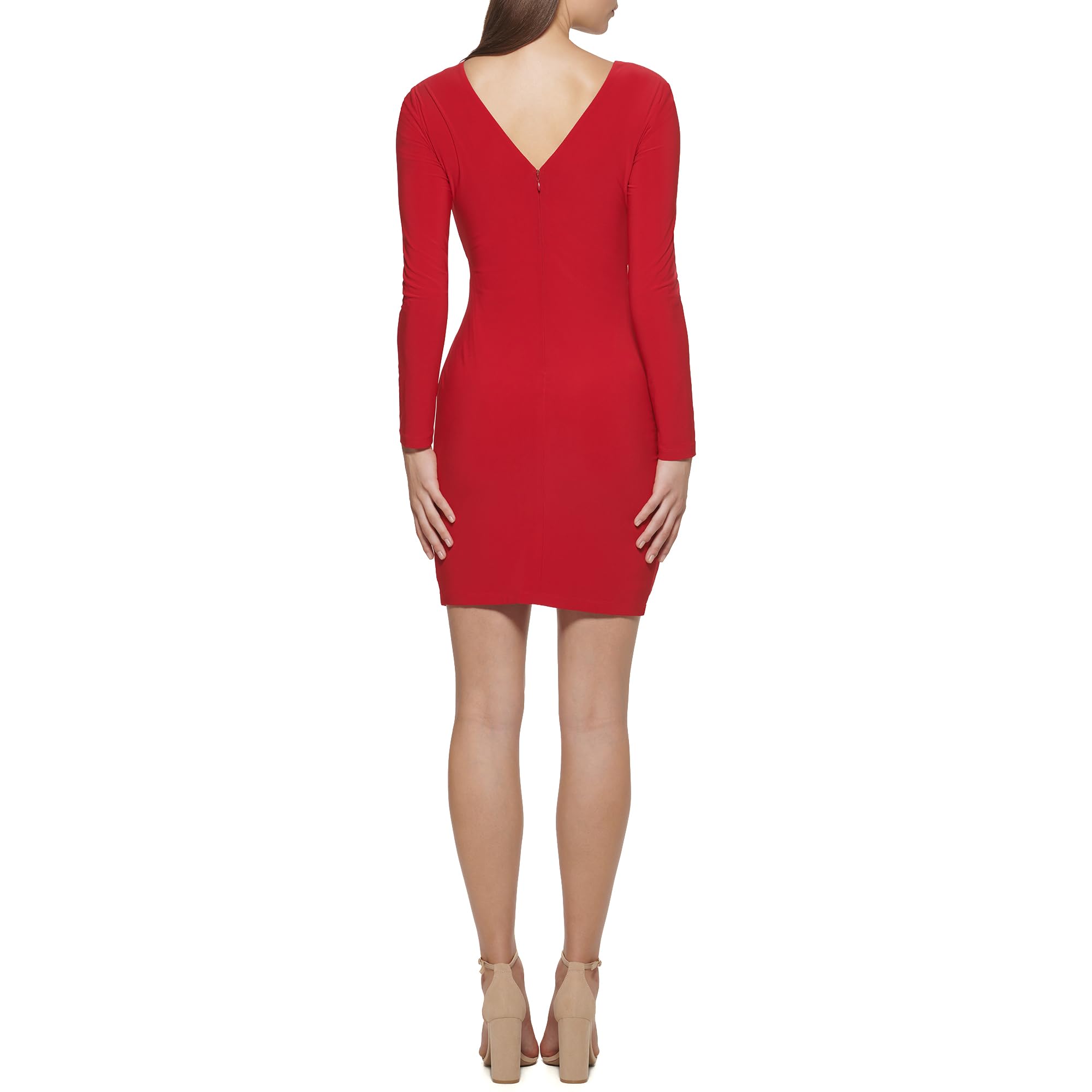 GUESS Women's Knot Detail Fitted Long Sleeve V-Neck Dress