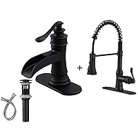 BWE Black Bathroom Faucet Matte Waterfall Farmhouse Vanity Sink Lavatory Single Hole Faucets Bundle with Kitchen Sink Faucet with Deck Plate Matte Black with Pull Down Sprayer 3 Spray Modes