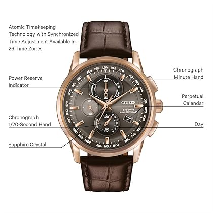 Citizen Eco-Drive World Chronograph A-T Mens Watch, Stainless Steel with Leather strap, Technology, Brown (Model: AT8113-04H)