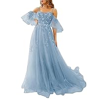CWOAPO Off Shoulder Tulle Prom Dresses Spaghetti Straps Evening Party Dress Puffy Sleeve A Line Ball Gown