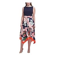 Vince Camuto Womens Navy Stretch Zippered Jersey-Knit Asymmetrical-Hem Floral Sleeveless Round Neck Midi Party Fit + Flare Dress Plus 14W
