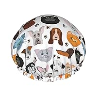 Cartoon Cat And Dog Print Double Layer Waterproof Shower Cap, Suitable For All Hair Lengths (10.6 X 4.3 Inches)