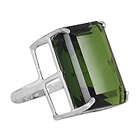 REAL-GEMS Man Made Dark Green Amethyst 74 CT Solid 925 Silver Emerald Cut Ring for Wife Stunning Gemstone Ring for Gifts