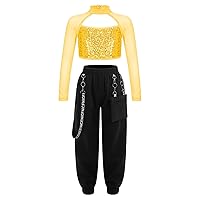 Girls Mesh Long Sleeve Sequins Cutout Dance Crop Top with Chain Pocket Cargo Pants Set for Hip Hop Jazz Dance Outfit