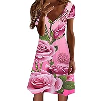 XJYIOEWT Green Dresses for Women 2024 Casual Plus,Women's New Flower Fruit Print V Neck Short Sleeved Slim Mid Length Dr