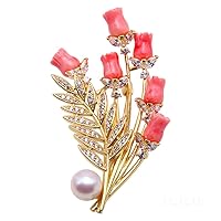 JYX Pearl Coral Brooch 9mm White Freshwater Cultured Pearl and Coral Brooch Pin Christmas Brooches Women Coat Jewelry