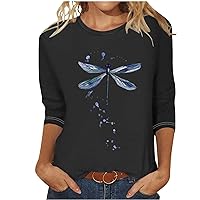 Summer Tops Women Cute Dragonfly Print Tee Plus Size 3/4 Sleeve Crewneck Tunic Blouse Regular Fit Daily Tshirt Ladies Outfits