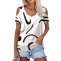 Cute Blouses for Women Trendy Cold Shoulder Tops for Women 2024 Summer Fashion Trendy Casual Sexy Loose with Short Sleeve V Neck Shirts White Medium