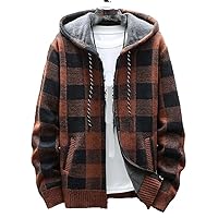 Winter Men' Plaid Cardigan Hooded Coat Male Zipper Knitted Thick Warm Knitwear Sweater Comfortable Clthing