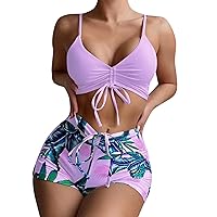 Womens Plus Size Swimwear Sunflower Ruched High Waist Print Bikini Set Sunflower Print Overlay Swimsuit