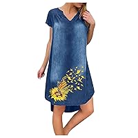 Women's Casual Loose-Fitting Summer Flowy Swing Dress Beach Print Short Sleeve Knee Length V-Neck Trendy Glamorous