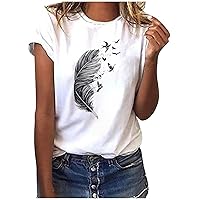 Cute Tops for Women Going Out Plus Size Blouse Fashion Short Sleeve T-Shirt Feather Print Top Casual Trendy Tees