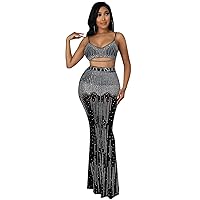 Women's Sexy Glitter Rhinestone See Through Long-Sleeved Fringes Split Long Dress Two-Piece Gown
