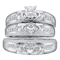 TheDiamondDeal 14kt White Gold His & Hers Round Diamond Claddagh Matching Bridal Wedding Ring Band Set 1/8 Cttw