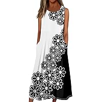 Womens Beach Clothes Maxi Dresses for Women 2024 Summer Casual Print Bohemian Beach Dress Sleeveless Crewneck Dress with Pockets White Medium