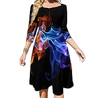 Blue and Red Flames Women's 3/4 Sleeve Dress Casual Midi Dresses Tie Backless Swing Sundress