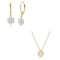 MAX + STONE 14k Yellow Gold Created Opal Flower Dangle Earrings and Round Pendant Necklace Set for Women | Birtstone Earrings with Leverback | 7mm Gemstone Birthstone Pendant on 18 Inch Cable Chain