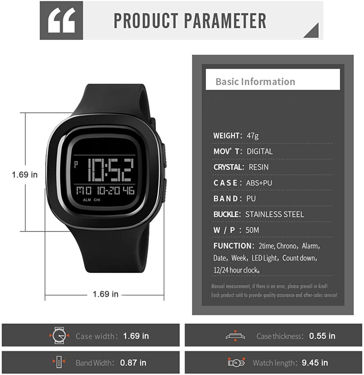 BESTKANG Simple Men Square Digital Watches Outdoor Sport Watches Alarm Clock Waterproof LED Digital Watch