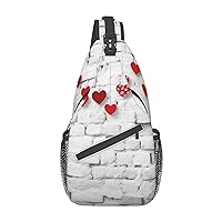 Red Hearts on White Brick Wall Print Sling Bag Shoulder Sling Backpack Travel Hiking Chest Bag For Men Women