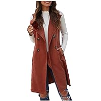 Women Sleeveless Trench Coats Casual Long Cardigan Vest Open Front Blazer Jacket Trendy Lapel Double Breasted Coat