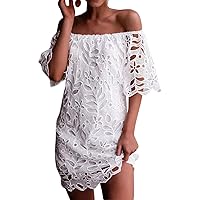chouyatou Women’s Summer Sexy Off Shoulder Strapless Party Dress Hollow Out Floral Lace Midi Long Dress