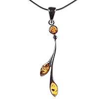 BALTIC AMBER AND STERLING SILVER 925 COGNAC FLOWER LEAF PENDANT NECKLACE - 10 12 14 16 18 20 22 24 26 28 30 32 34 36 38 40