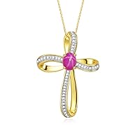 Yellow Gold Plated Silver Cross Necklace: Gemstone & Diamond Pendant, 18 Chain, 8X6MM Birthstone, Elegant Women's Jewelry